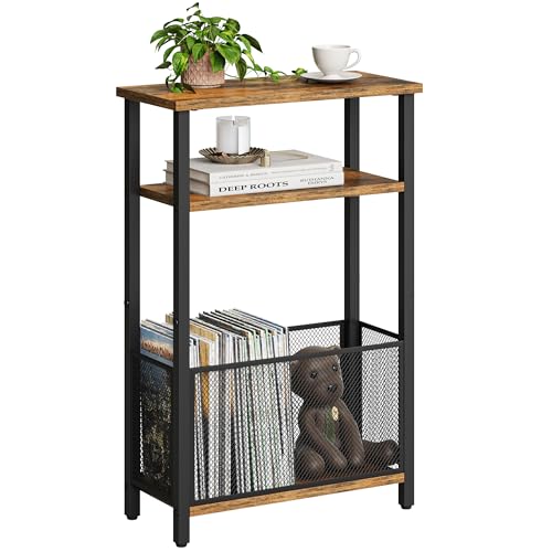 MMEOLUOOK Narrow Side Table with Storage Basket Skinny End Tables for Smalls Spaces 3 Tier Sofa Table Small Nightstand Slim Bedside Table for Living Room Bedroom Rustic Brown MLBZ22RB - color: Rustic Brown