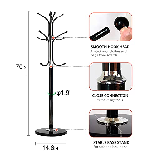Kertnic Freestanding Coat Rack Stand, Heavy Duty Metal Hall Tree with 12 Hooks, 70 Inch Tall Stable Coat Hanger with 14.6" Natural Marble Base, Entryway Organizer for Coats Bags Hats Purses (Black) - color: Black