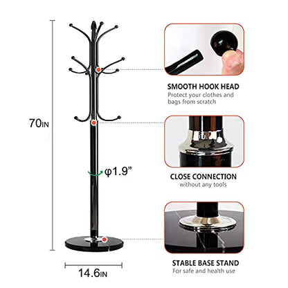 Kertnic Freestanding Coat Rack Stand, Heavy Duty Metal Hall Tree with 12 Hooks, 70 Inch Tall Stable Coat Hanger with 14.6" Natural Marble Base, Entryway Organizer for Coats Bags Hats Purses (Black) - color: Black