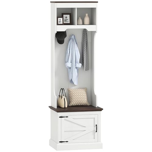 HOMCOM 3-in-1 Hall Tree with Shoe Storage, Shoe Bench, White Wood Grain | Standing Coat Rack, Entryway Furniture, Three Hooks - color: White Wood Grain