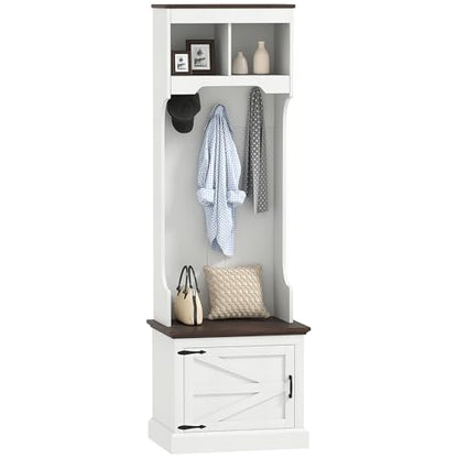 HOMCOM 3-in-1 Hall Tree with Shoe Storage, Shoe Bench, White Wood Grain | Standing Coat Rack, Entryway Furniture, Three Hooks - color: White Wood Grain