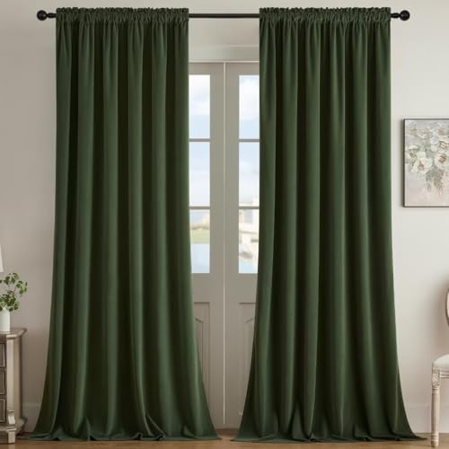 Joydeco Dark Olive Velvet Curtains 63 inch Length 2 Panels, Luxury Blackout Rod Pocket Thermal Insulated Window Curtains, Super Soft Room Darkening Drapes for Living Room Bedroom,W52 x L63 inches - color: Rod Pocket | Dark Olive Green, size: 52"W x 63"L (