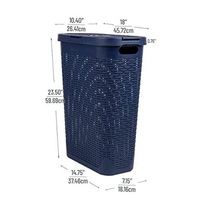 Mind Reader Slim Laundry Hamper with Lid, 40L Clothes Basket, Narrow Tapered Design with Ventilated Cutout Pattern, Plastic, Navy - color: Navy, size: Single