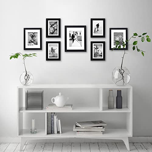Americanflat Set of 7 Picture Frames with Shatter-Resistant Glass - Gallery Wall Frame Set with One 11x14, Two 8x10 and Four 5x7 Frames - Signature Collection - Black - color: Black with Mat, style: 7 Pack