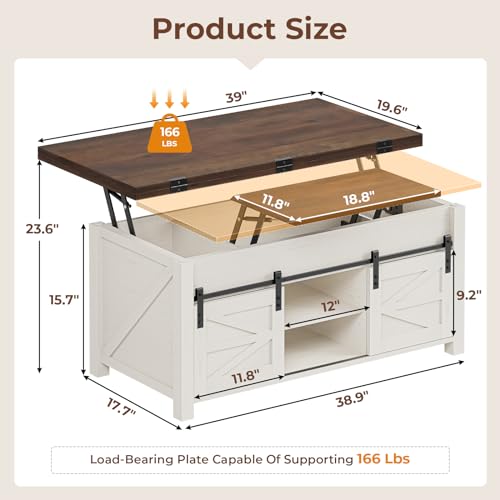 Lift Top Coffee Table for Living Room with 4 Sliding Barn Doors, 4 in 1 Farmhouse Coffee Table with Adjustable Shelves and Hidden Storage Compartment, Converts to Dining Table (Brown White)
