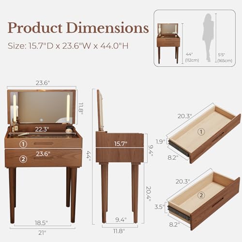 Solid Wood Small Vanity Desk with Mirror and Lights, Narrow Makeup Vanity for Small Space, Flip Top Vanity Side Table, 3 Color Modes & Adjustable Brightness, 23.6" Slim Dressing Table, Walnut - color: Walnut, size: 23.6" Wide