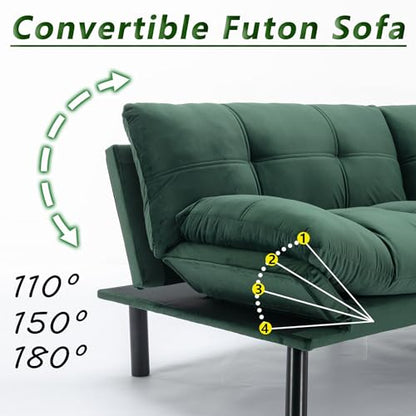 71" Velvet Futon Couch Bed with Mattress Included,Convertible Folding Sleeper Sofa Bed with Adjustable Backrests,Modern Loveseat Sleeper for Living Room Bedroom Small Space Home Office (Green)