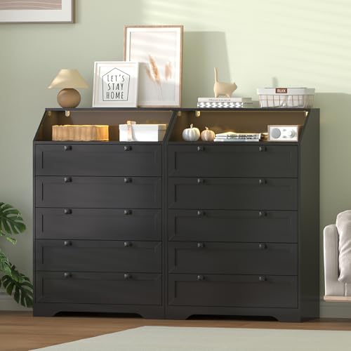 Black Dresser Tall 5 Drawer Dresser for Bedroom, Wood Chest of Drawers with LED Lights, Charging Station, Metal Handles, Modern Storage Cabinet and Organizer Drawers for Living Room, Hallway - color: Black, style: LED Tall 5 Drawers