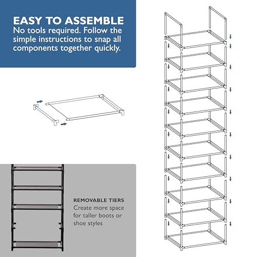 Sundaze Shoe Rack - 10 Tier Tall Shoe Rack for Closet, Sturdy Stackable Shoe Organizer for Closet, Bedroom, Entryway, Garage, Non Woven Fabric Shelf, Black, Holds 20-30 Pairs - size: 10 Tier (18.3" W)