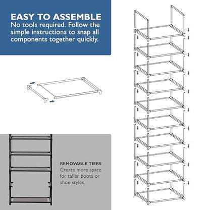 Sundaze Shoe Rack - 10 Tier Tall Shoe Rack for Closet, Sturdy Stackable Shoe Organizer for Closet, Bedroom, Entryway, Garage, Non Woven Fabric Shelf, Black, Holds 20-30 Pairs - size: 10 Tier (18.3" W)