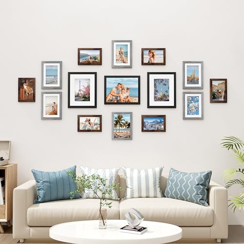 Vittanly 15 Pack Gallery Wall Frame Set, Black, Brown, Grey | Picture Frames Collage Wall Decor: 3pcs 8x10, 6pcs 5x7, 6pcs 4x6. Picture Frame Set for Wall or Tabletop Display - color: Black & Brown & Grey