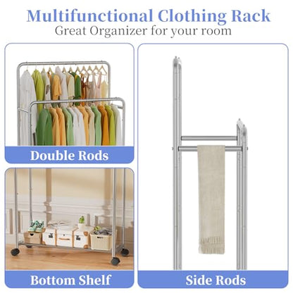 Simple Trending Clothing Clothes Rack, Double Rod Garment Rack, Silver | Portable Closet with Bottom Shelf, Anti-Slip Stoppers, 360° Lockable Wheels, Multiple Uses, Bedroom, Laundry Room - color: Sliver