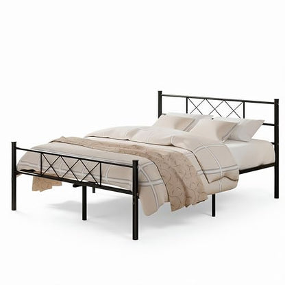 VECELO Full Size Bed Frame with Headboard, Heavy Duty Bedframe with Strong Metal Slats, No Box Spring Needed & Easy Assembly, Matte Black - color: Matte Black, size: Full