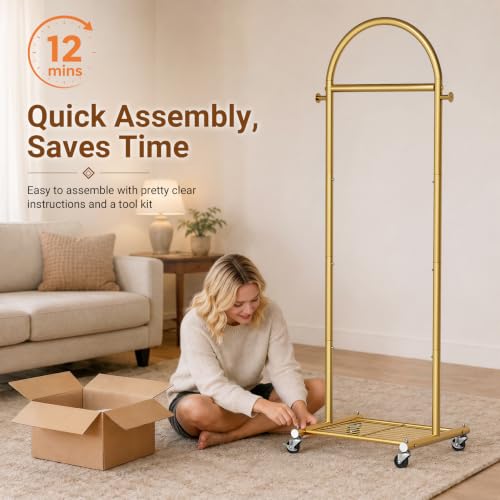 MISSLO 18" Small Clothes Racks for Hanging Clothes Arched Shape Gold Clothing Rack with Wheels 70" Metal Rolling Garment Rack with Shelves for Small Space, Bedroom, Laundry, Gold - color: Gold