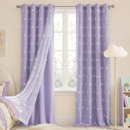 NICETOWN Lavender Purple Pom Pom Curtains, Room Darkening Double Layer Sheer Drapes for Girls Bedroom, Thermal Insulated Window Treatments, W52 x L96, 2 Panels - color: Lavender Purple, size: 52"W x 96"L (Pack of 2)