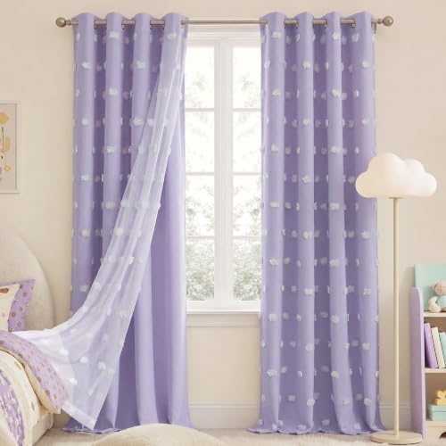 NICETOWN Lavender Purple Pom Pom Curtains, Room Darkening Double Layer Sheer Drapes for Girls Bedroom, Thermal Insulated Window Treatments, W52 x L96, 2 Panels - color: Lavender Purple, size: 52"W x 96"L (Pack of 2)