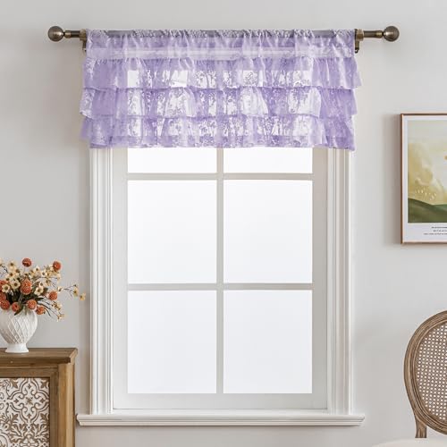 Kotile Light Purple Ruffle Lace Valance for Window W52 x L18 Inch, 1 Panel | Rod Pocket, Gathered Lace Adds Body, Sifts Light, Rustic Floral, Vintage Cottage Look, Short Romantic Layers, Privacy - color: Lavender/Light Purple - Ruffle Lace