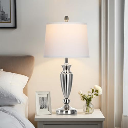 Rinweey 27" Silver Table Lamps for Living Room Single, 3 Way Touch Control Bedside Lamps with USB A+C Ports, Modern Brushed Nickel Bedroom Lamp, Metal Tall Lamp for Nightstand Desk Side Table Office - color: Silver-27"H-1PK