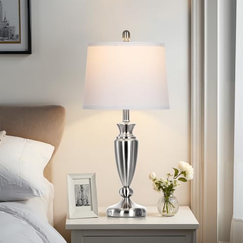 Rinweey 27" Silver Table Lamps for Living Room Single, 3 Way Touch Control Bedside Lamps with USB A+C Ports, Modern Brushed Nickel Bedroom Lamp, Metal Tall Lamp for Nightstand Desk Side Table Office - color: Silver-27"H-1PK
