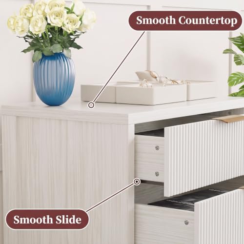 Fluted Nightstand, 23.7'' Wide Night Stand with 3 Drawers, Mid-Century Modern Bedside Table with Handles, Wood End Table for Bedroom, White - color: White