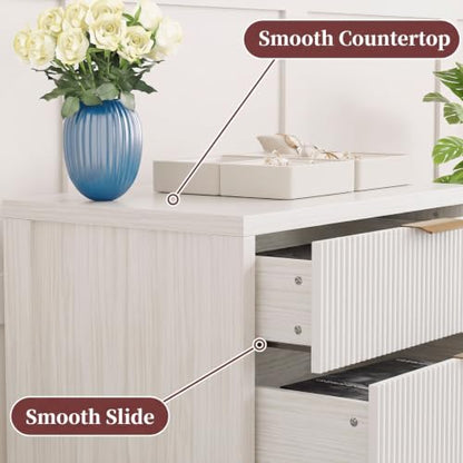 Fluted Nightstand, 23.7'' Wide Night Stand with 3 Drawers, Mid-Century Modern Bedside Table with Handles, Wood End Table for Bedroom, White - color: White