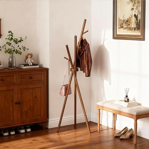 VICITON Wooden Coat Rack, Tripod Coat Tree Freestanding with 3 Hooks for Clothes, Hats and Handbags, Coat Hanger Stand for Bedroom, Living Room, Entryway (Dark) - color: Dark
