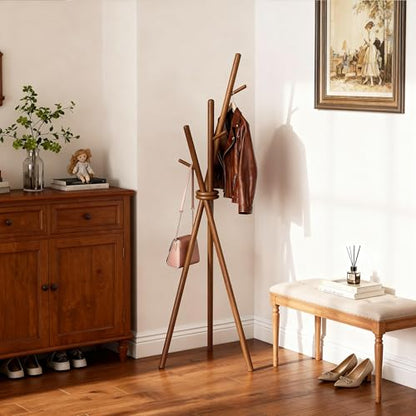 VICITON Wooden Coat Rack, Tripod Coat Tree Freestanding with 3 Hooks for Clothes, Hats and Handbags, Coat Hanger Stand for Bedroom, Living Room, Entryway (Dark) - color: Dark