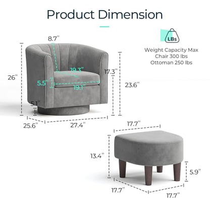 LINSY Swivel Accent Chair with Ottoman: Small Velvet Barrel Chair 360 Swivel Modern Armchair, Upholstered Reading Chair with Footrest for Living Room Bedroom Study Room (Grey) - color: Grey, size: Small