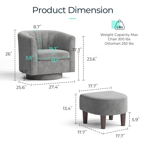 LINSY Swivel Accent Chair with Ottoman: Small Velvet Barrel Chair 360 Swivel Modern Armchair, Upholstered Reading Chair with Footrest for Living Room Bedroom Study Room (Grey) - color: Grey, size: Small