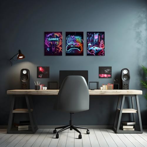 Gaming Room Decor-Video Gaming Theme Wall Art Framed,Gaming Wall Decor Video Game Poster for Boys Room Neon Gamepad Headphones Canvas Art Prints Cool Boys Bedroom Decor Wall Art,12x16inch - color: Cool Gaming, size: 12x16inchx3pcs