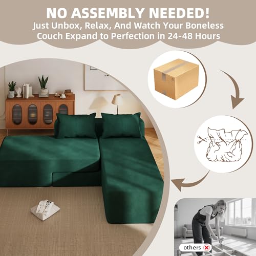 Boneless Sectional Couch, 4 in 1 Convertible Cloud Couch with Reversible Chaise & Deep Seat, Modular Sectional Sofa for Apartment, No Assembly Chenille Foam Couch in a Box, Green - color: Green, size: 89" Convertible Chaise Chenille