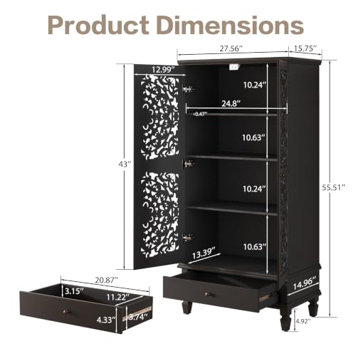 Accent Cabint with Doors, 55" Tall Vintage Storage Cabinet Black | Modern Mid Century Cabinet Hollow Carved Door Pantry with 1 Drawer Accent Furniture For Living Ding Room Entryway Hallway - color: Black55"