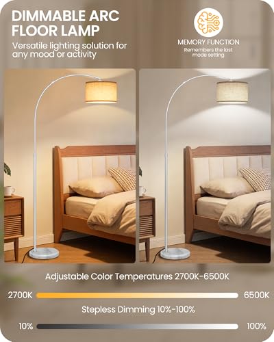 75" Arc Floor Lamp with Marble Base and Adjustable Height, Rotating Hanging Shade, Dimmable Floor Lamp for Living Room with Remote and Foot Switch, 3CCT, Beige Shade and Silver Pole SE15LD05N1 - color: Silver + Beige