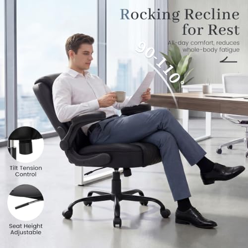 GTPOFFICE Executive Office Chair with Comfortable Lumbar Support, Ergonomic Gaming Chair with Flip-up Armrests & Zoned Pressure-Relief Cushion, Comfy PU Leather Desk Chair, Light Black - color: Light-black