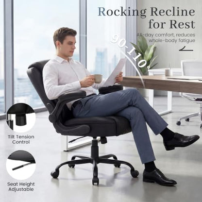 GTPOFFICE Executive Office Chair with Comfortable Lumbar Support, Ergonomic Gaming Chair with Flip-up Armrests & Zoned Pressure-Relief Cushion, Comfy PU Leather Desk Chair, Light Black - color: Light-black