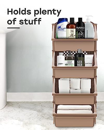 TidyFriend Plastic Stackable Storage Bins for Pantry, 4 Pack Stackable Bins For Organizing Food, Kitchen, and Bathroom Essentials (Brown) | Sturdy Plastic, Easy Stacking, Open Front Access, Ventilated Sides, Vertical & Space Saving Pantry Organizers and S
