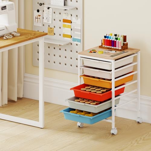 RELAX4LIFE 6-Drawer Rolling Storage Cart - Mobile Art Supply Craft Organizer on Wheels w/Wooden Tabletop & Metal Frame, Utility Storage Cart for Home Living Room Office Classroom (Macaron, 22.5”H) - color: Macaron, size: 22.5”H