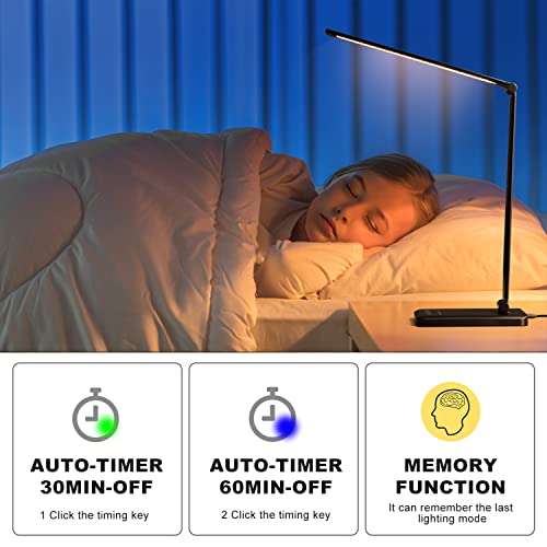 Led Desk Lamp, Desk Lamp with USB Charging Port, 5 Color Modes, 10 Brightness, Natural Light, Eye Caring Reading Lamp, Desk Light for Home Office, Table Lamp, Touch Control, Auto-Timer, Black - color: Black