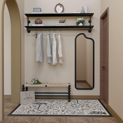 Black Clothes Rack 70in, 2-Tier Wall Mounted Garment Rack with Real Wood Shelf, Heavy Duty Hanging Clothes Rack, Multi-Purpose Hanging Rod, Space-Saving Closet Storage - color: Black, size: 2T70IN