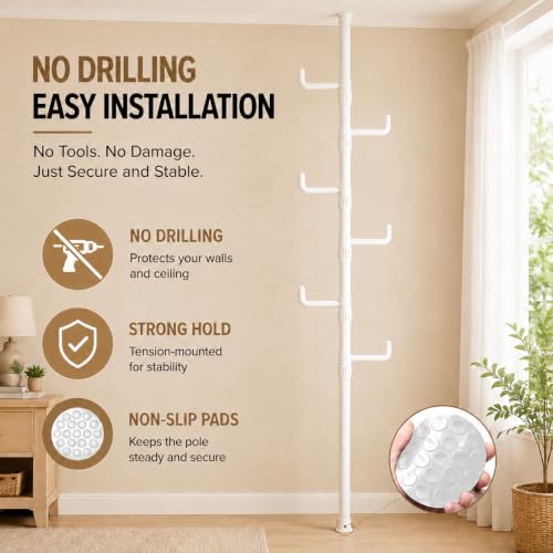 Floor to Ceiling Clothes Drying Rack, Adjustable Tension Pole Laundry Rack for Balcony. Vertical Coat Hanger Stand for Bathroom Bedroom, No Drilling Easy Install Space Saving (White) - color: White