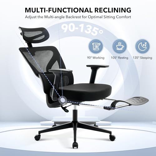 Ergonomic Office Chair Mesh – Adjustable Lumbar 3D Armrests High-Back Desk | Breathable Mesh Backrest; Seat Height & Tilt-Angle Adjustment; Smooth-Rolling Casters; Easy To Assembly, For Home, Office - color: Black-pf1