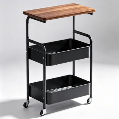 3 Tier Metal Storage Utility Cart with Wooden Top, Rolling Home Organizer | Stable and Sturdy, 2 Lockable Wheels, Multi-Purpose for Snacks, Coffee, Craft, Makeup, Garage, Bedside, Kitchen, Office