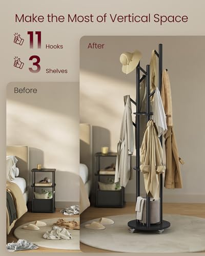 VASAGLE Freestanding Coat Rack Stand, Coat Tree with 11 Hooks, 3 Shelves, 4 Removable 360° Swivel Wheels, Wooden Hooks and Poles, for Entryway, Bedroom, Living Room, Ink Black URCR023B01 - color: Ink Black