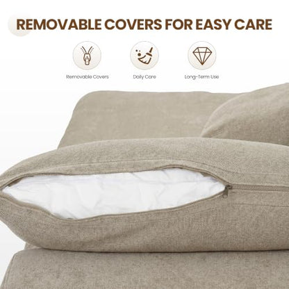 118" Cloud Modular Sofa, Convertible Modular 3 Seater Couch, Cotton Linen Fabric Sofa for Living Room, Apartment and Bedroom, Removable Covers, 2 Pillows, Khaki - color: Khaki, size: 3-Seater