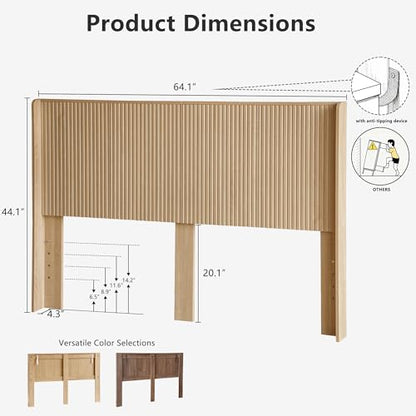 64.1" Queen Size Wood Headboard, Fluted Panel Headboard,Oak | Modern Farmhouse Head Board, Wall Mounted Headboards, Wingback Boho Head Board for Adjustable Bed, Easy to Assembly - color: Oak, size: Queen