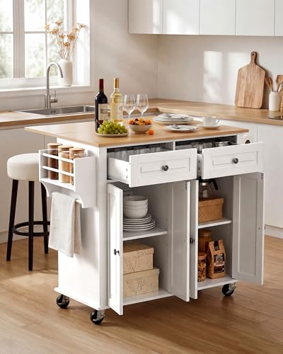 VEVOR Kitchen Island Cart with Storage, 43.58 in Wide Mobile Rolling Storage Island on Swivel Wheels, with 2 Drawers, Storage Cabinet, Drop Leaf, Spice/Towel Rack, Table for Home Dining Room, White - color: White(dropleaf)