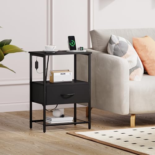 Somdot Nightstand with Charging Station & LED Light, Bedroom Bedside Table | Dorm, Guest Room, Kids Room, Laundry, Closet, Entryway and Hallway, Black - color: Black, size: 11.8"D x 15.7"W x 23.4"H (1 Drawers)