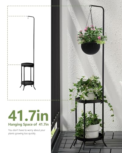 RINBOU Hanging Plant Stand Indoor Outdoor, Space-Saving Corner Metal Plant Shelf 3 Potted Flower Pot Stand, 2 Tier 61" Tall Modern Planter Holder for Patio Garden Balcony Living Room Bedroom, Black