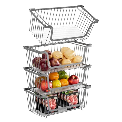 4 Pcs Stackable Wire Baskets for Pantry Organizers and Storage, | Vegetable Fruit Basket for Countertop,Kitchen Storage Metal Baskets,Produce Potato Onion Storage Bin,Gray - color: 1-Gray