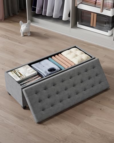 ABHENG Chenille Storage Ottoman Bench with Legs, 43.5”W x 15.7”D x 15.7”H,Metal Frame end of Bed Bench Hold up to 770 LB,Large Storage Chest,Gray UASND621G - color: Chenille-gray, size: 15.7"D x 43"W x 15.7"H